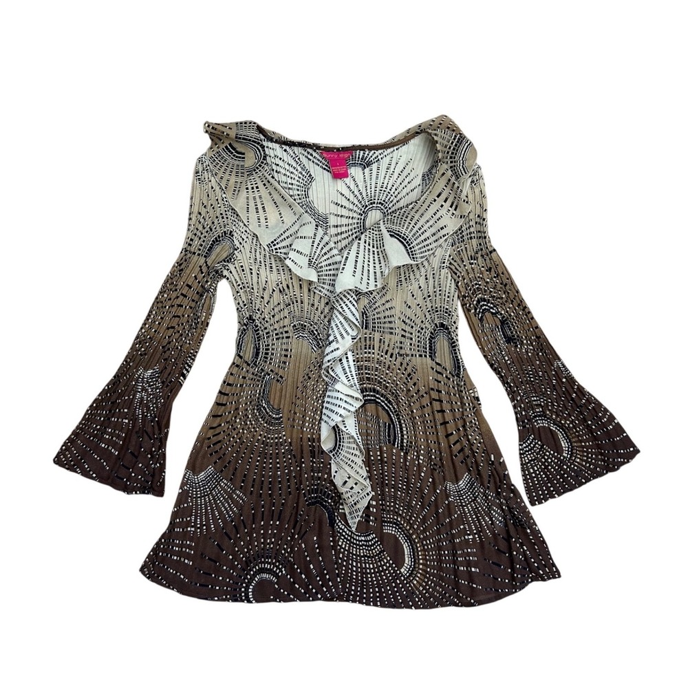 Vtg Boho Y2K Brown Ombre Geometric Pleated Ruffle Bell Sleeve Top western Indie